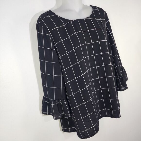 Adrianna Papell Womens Top Medium Black White Plaid Bell Sleeve Keyhole Relaxed - Picture 4 of 11